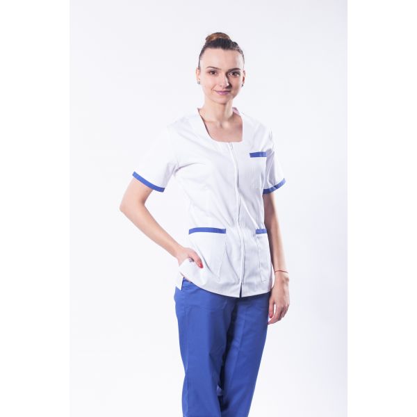 Outcome Theoretical Salesperson Costum medical femei model 02, 2 piese, bluza alba cu garnitura colorata