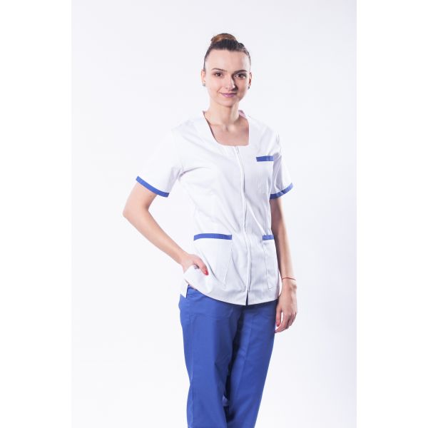 Outcome Theoretical Salesperson Costum medical femei model 02, 2 piese, bluza alba cu garnitura colorata Outcome Theoretical Salesperson Costum medical femei model 02, 2 piese, bluza alba cu garnitura colorata