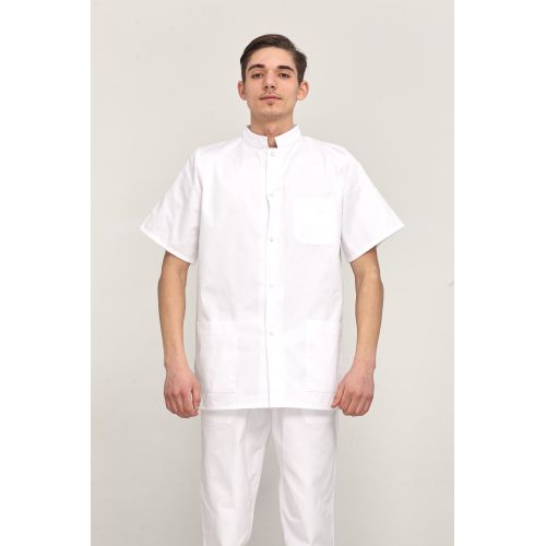 calorie fight Spectacle Costum medical barbati model 07C, alb, 2 piese, cu capse, buzunare si maneci scurte calorie fight Spectacle Costum medical barbati model 07C, alb, 2 piese, cu capse, buzunare si maneci scurte