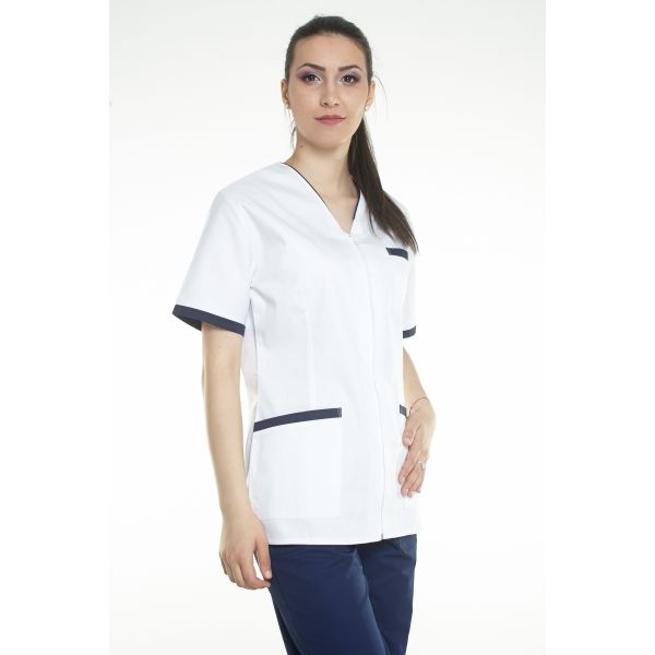 Installation coach Respectful Costum medical femei model 03, 2 piese, bluza alba cu garnitura colorata Installation coach Respectful Costum medical femei model 03, 2 piese, bluza alba cu garnitura colorata
